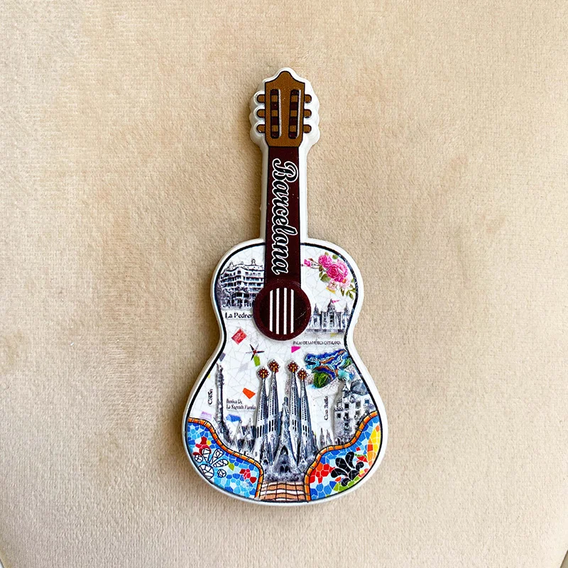 

3D Resin Refrigerator Magnet - Barcelona Guitar Shape - Spain Landmarks and Colorful Art - Perfect Home Decor Gift