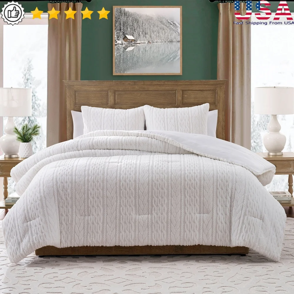 

3-Piece King Faux Rabbit Fur Comforter Set Textured Cable Knit Patterns Soft Microfiber Shams Warm Bedding Set Machine Washable