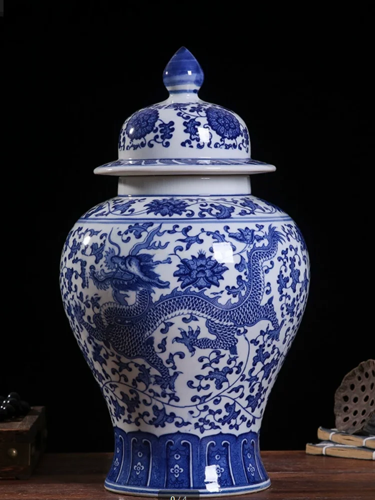 35cm/Blue and White Dragon Pattern Blessing Tube Chinese Jingdezhen Ceramic General Jar Porcelain Entrance Hall Home Decoration