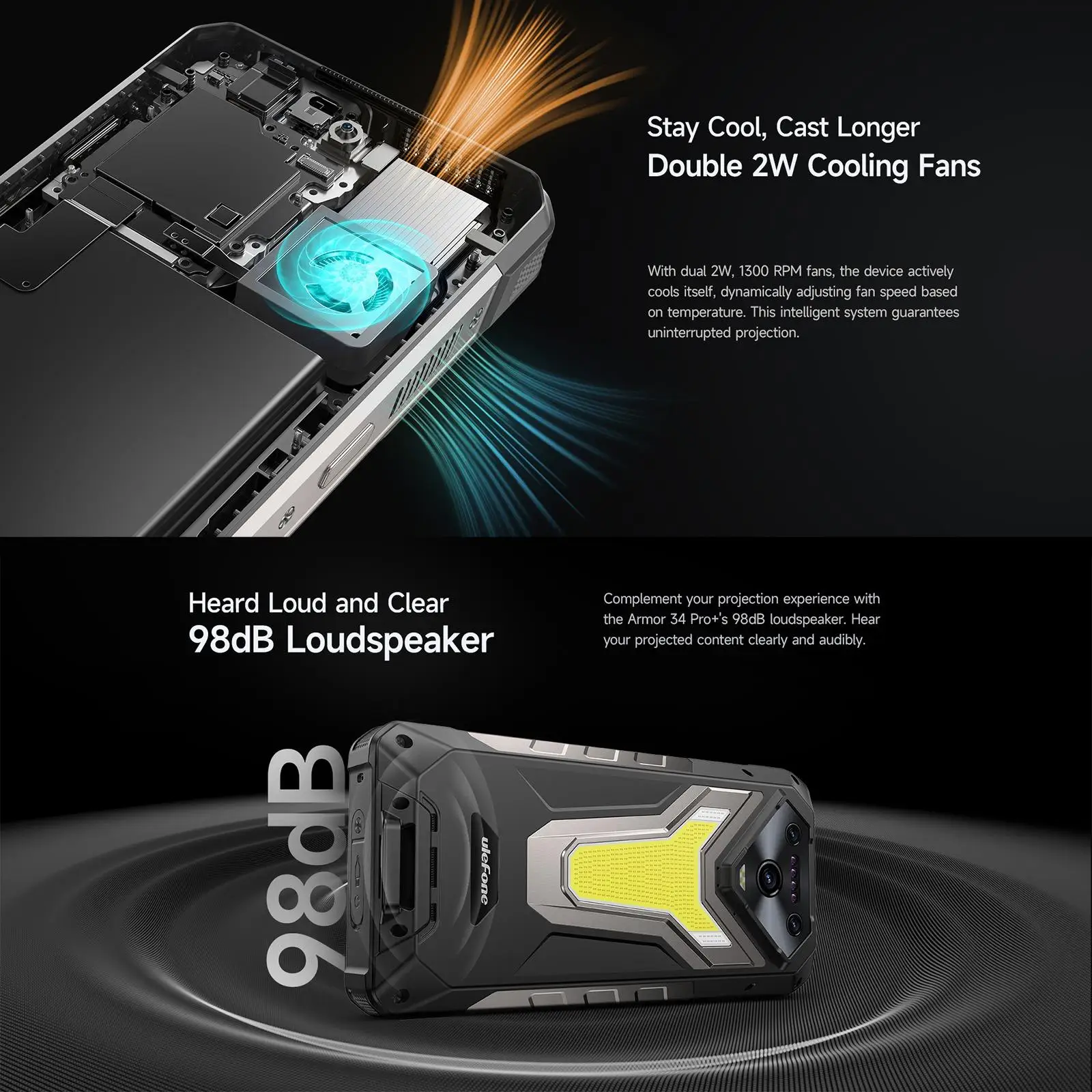 Ulefone Armor 34 Pro+ Rugged Smartphone 5G Projector 6.95" 120Hz 16GB+512GB 25500mAh 66W 64MP Night Vision Android 15 NFC