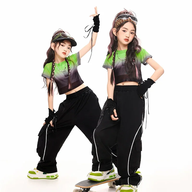 

Children Jazz Dance Costumes Girls Kpop Outfit Gradient Green Crop Top Hip Hop Trousers Black Street Dance Suit Streetwear