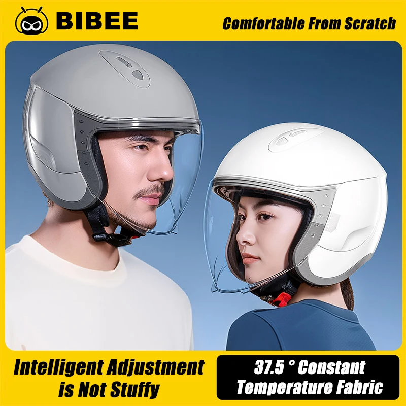 

BIBEE Motorcycle Helmet Men Women Double Lens 3/4 Open Face Helmets Warm Breathable Electric Jet Scooter Half Motorbike Helmets