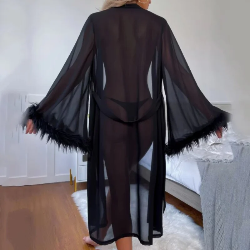 Simulation Silk Chiffon Long Sleeve Pajamas Women Solid Color Nightgown See-through Robe Comfortable Tie Ladies Homewear