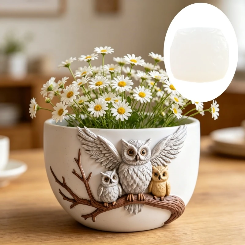 The owl standing on the branch is a relief succulent plant flowerpot resin silicone mold owl storage box candle cup gypsum molds