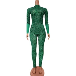 Full Rhinestone Stretch Jumpsuits For Women Rose Red Gold White Sparkly Crystals Body Suits Singer Dancer Costume