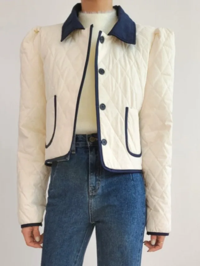 

Faionable ort Cotton Jaet Женская шикарная верхняя одежда с маленьким воротником Bubble Sve Color Blo на одной пуговице