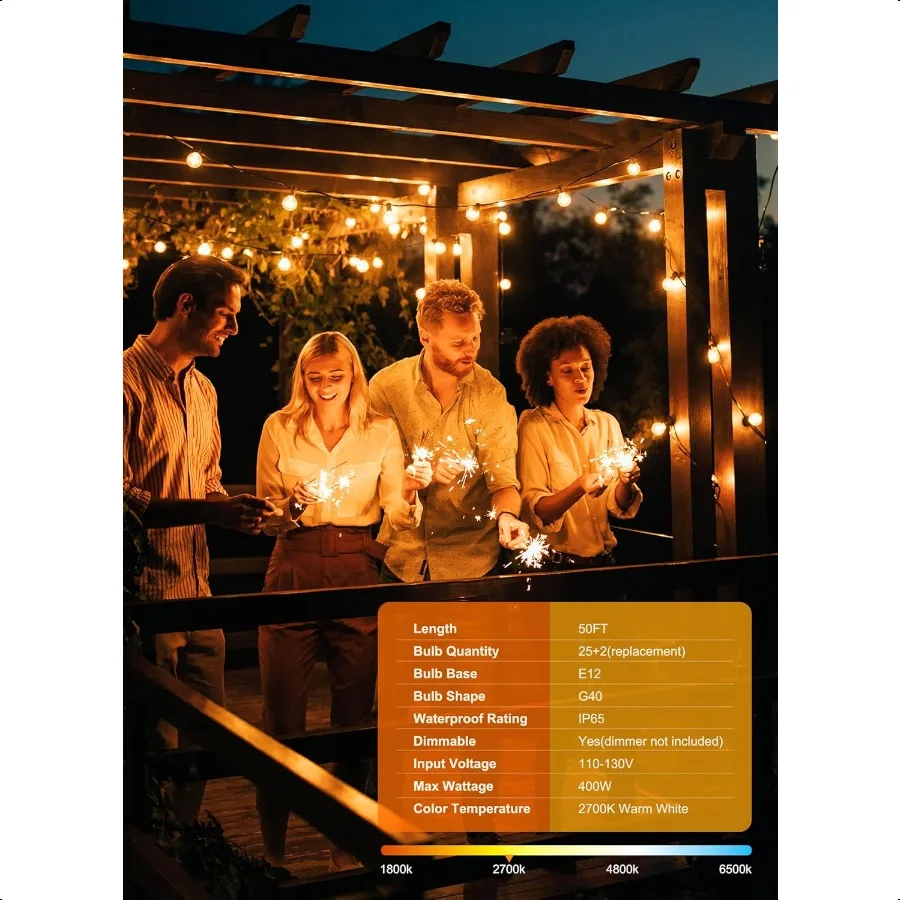 Guirlande lumineuse d'extérieur, 50 pieds, 25 ampoules G40, incassable, pour Patio, étanche IP65, variable, suspendue, Globe connecté, LED, extérieur