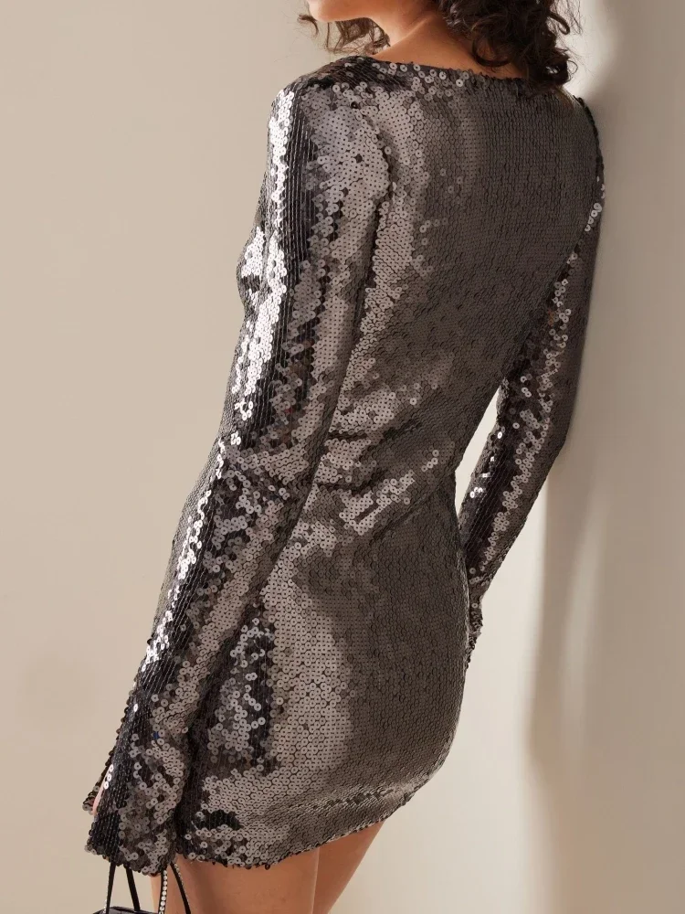 Sexy decote em v rendas lantejoulas mini vestido feminino prata cinza lantejoulas sheer boaycon vestido primavera elegante festa noite clube vestidos