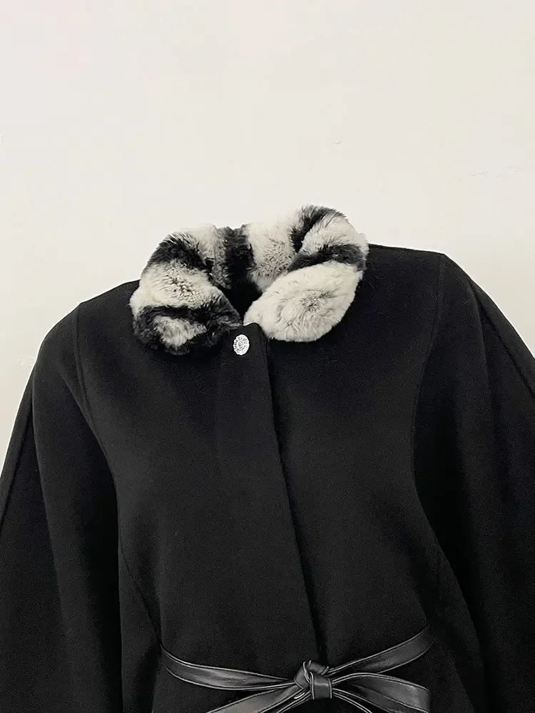 2025 Vera Pelliccia di Coniglio Rex Collo Mantello di Lana Delle Donne Autunno Inverno Abbigliamento Femminile Allentato Manica A Pipistrello Giacca di Lana di Pelliccia Naturale