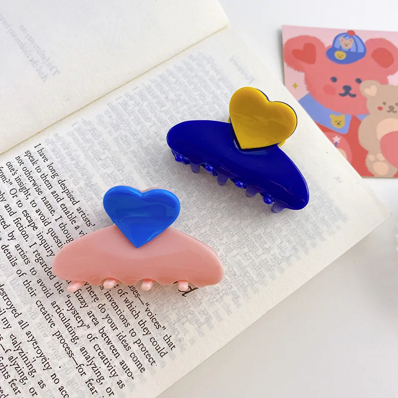 2022 New 5.5 CM Small Korean Two Color Cute Girls Love Hair Accessories Pink Blue Hair Claws Acetate Shape Heart Claw For Woman image 3