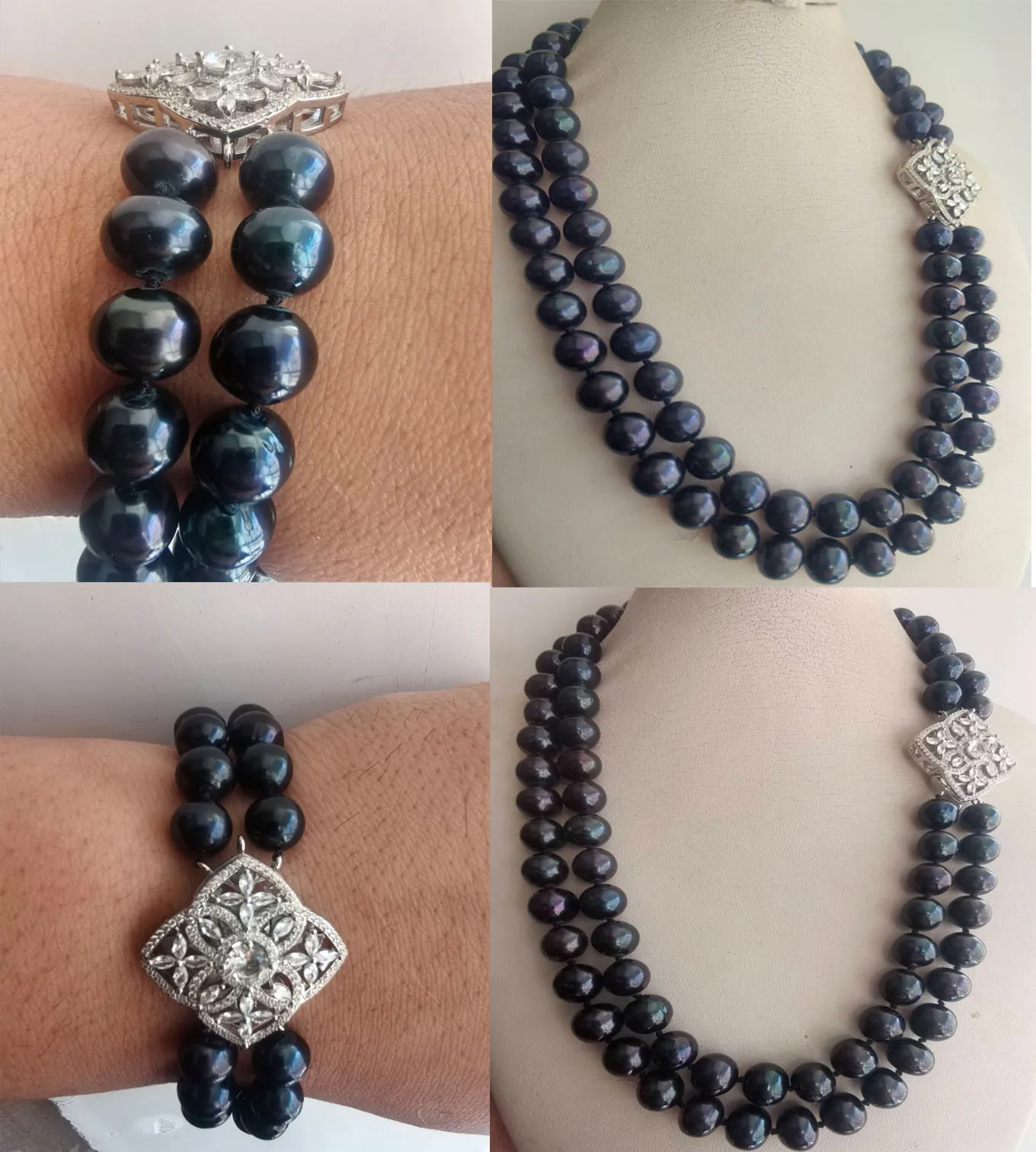 

2 row tahitian black round pearl AAAA+++ 9-0mm 10-11mm Candy Natural Pearl Necklace 18inch 925s silver