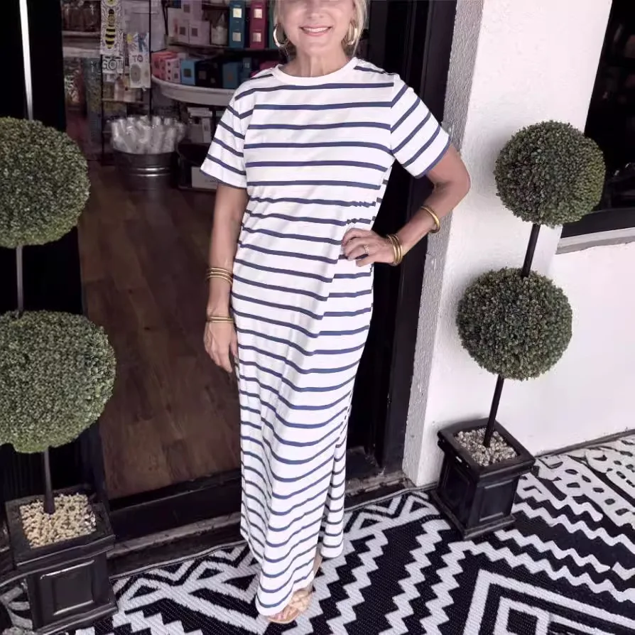 

Causal Women Maxi Dress 2024 Crew Neck Striped Short Sleeve Dress Office Ladies Dresses For Women Robe Femme Vestidos