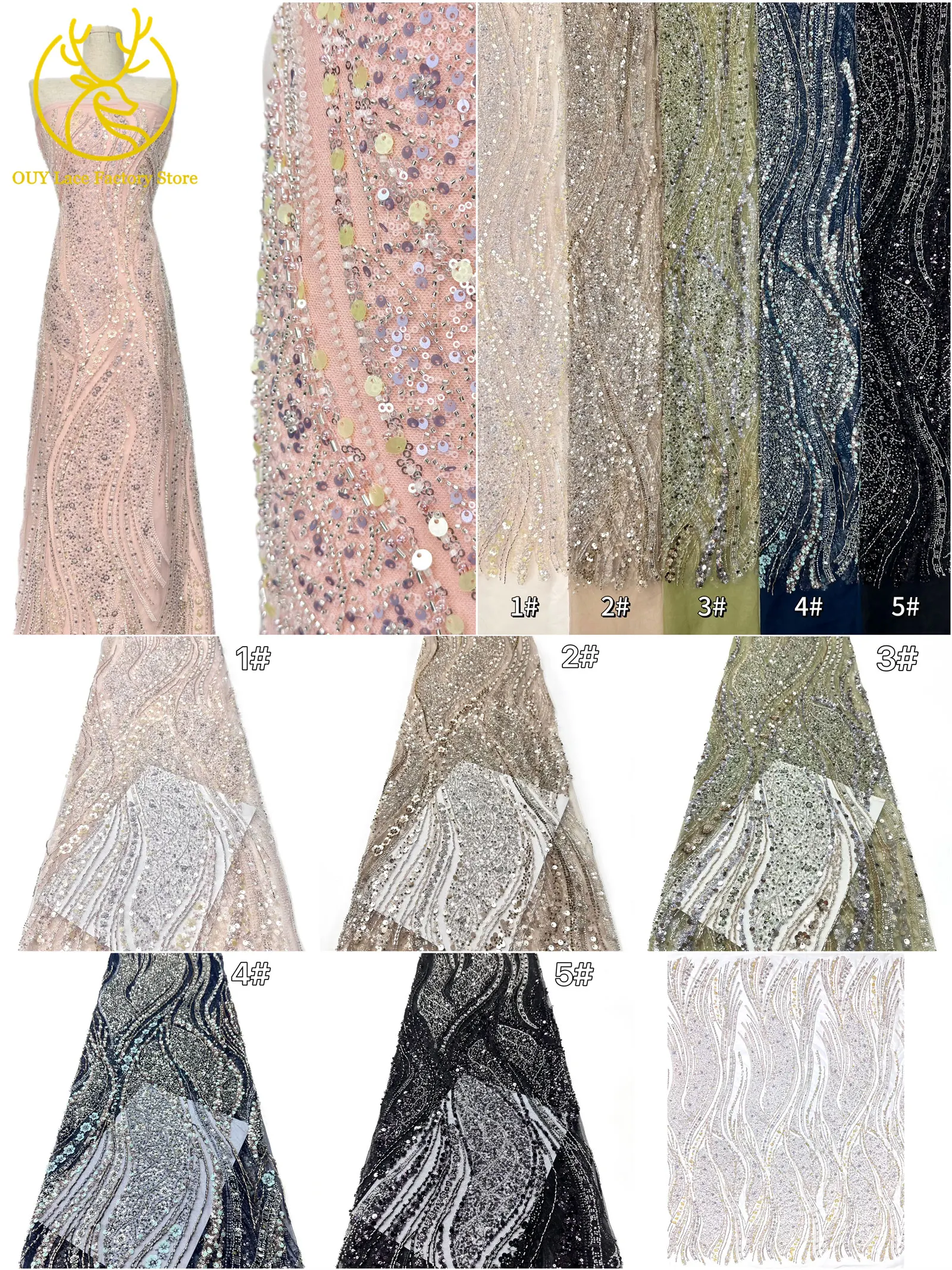 Champagner-Gold Nigerianischer Pailletten-Netzstoff 2026 Hochwertige Französische Perlen-Spitze Afrikanischer Spitzenstoff für Brautkleider – Detail 3