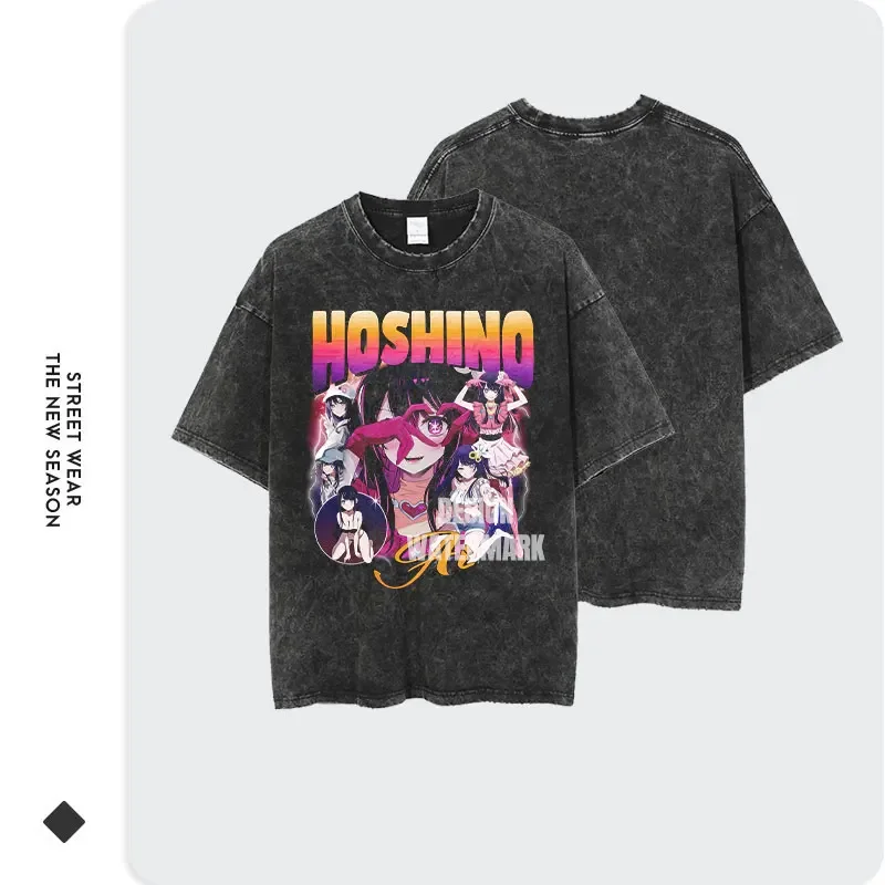 Hoshino Ai T Shirts Vintage Washed Anime T-shirt Oversize Retro Short Sleeve Streetwear Manga Kurokawa Akane Tops Tees Cute Girl