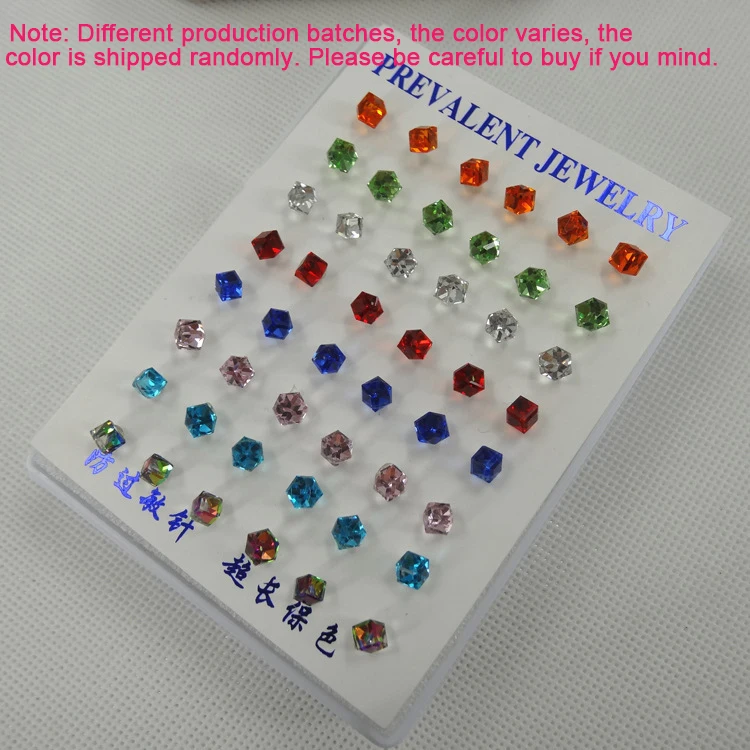 VIVILADY 24pairs/lot Fashion Crystal Stud Earrings Women Clear Red Blue Black Green CZ Cube Stone Jewelry Gift Wholesales Price