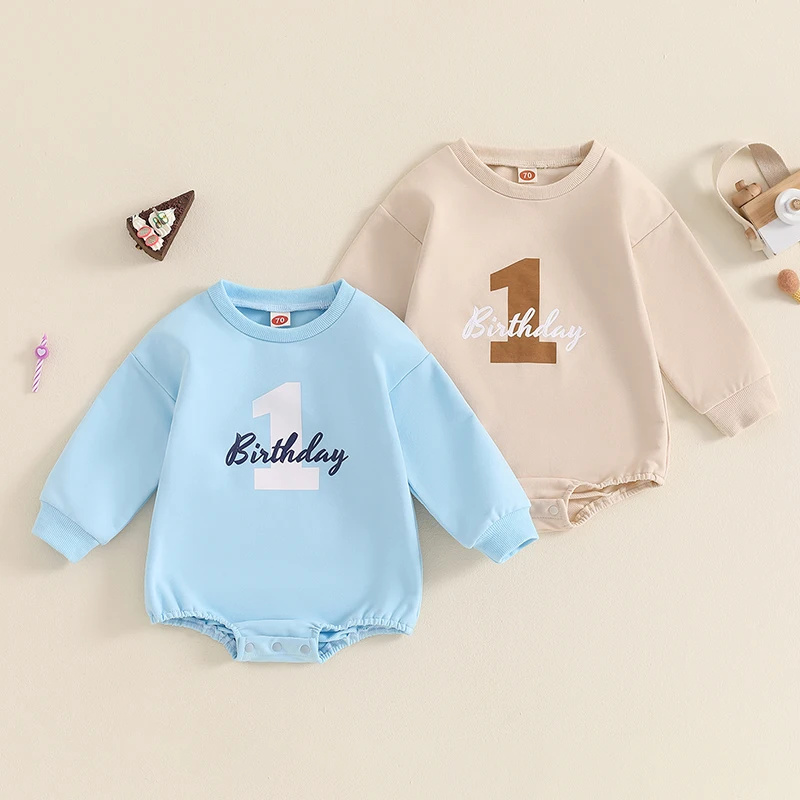 

2024-05-27 Lioraitiin 6-18M Baby Birthday Romper Long Sleeve Round Neck Letter Print Bodysuit Infant One Year Old Playsuit