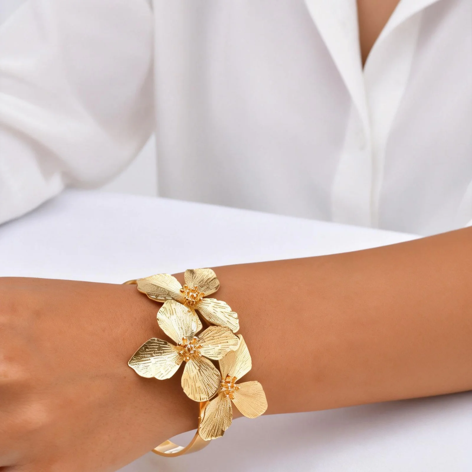 Exaggerated 18K Gold Plated Stainless Steel Flower Cuff Bracelet, Floral Bangle Women, Open Cuff Artisan Jewelry