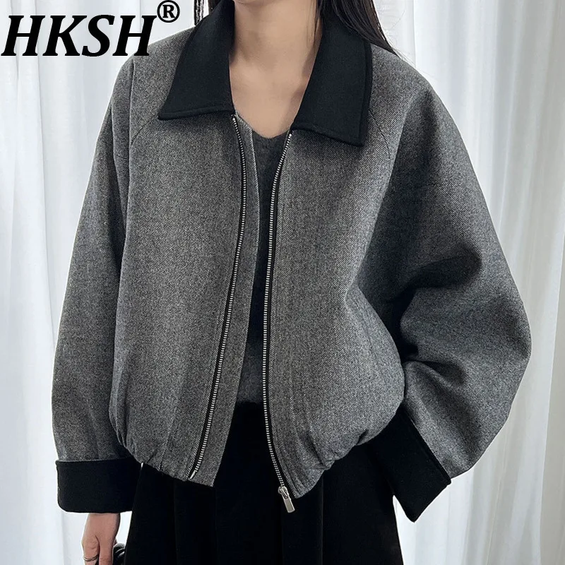 

HKSH осень-зима новое женское стеганое пальто с отложным воротником на молнии с цветными блоками универсальная повседневная корейская шерстяная куртка HK14046