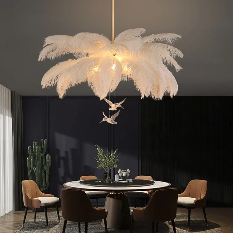 Cream Colored Feather Chandelier Made of Feathers and Metal for Modern Minimalist Princess Bedroom Living Room Clothing Store