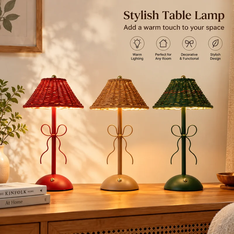 Rattan Table Lamp, Vintage Bowknot Woven Night Light, USB Rechargeable Ambient Decor for Bedroom Bedside Outdoor Camping, Gifts!