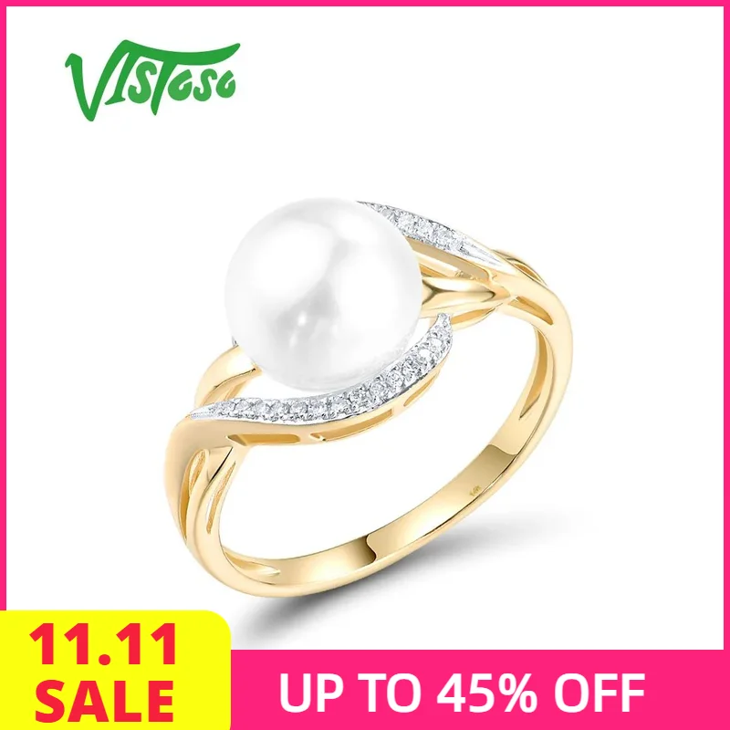 

VISTOSO Genuine 14K 585 Yellow Gold Ring For Women Sparkling Diamonds Fresh Water Pearl Delicate Party Fashion Fine Jewelry