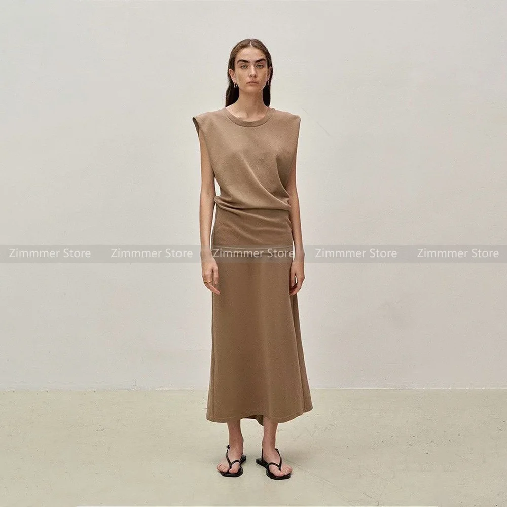 Niche Solid Color Vest Half Skirt Set Women 2024 Summer New Pleated Waisted Round Neck Top A-line Skirt