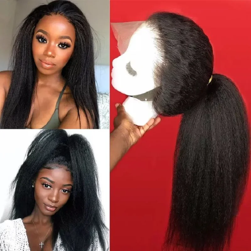 Peluca con malla frontal para mujer, pelo largo Yaki, suave, Natural, negro, 26 pulgadas, liso, rizado, 180 de densidad, con pelo de bebé, prearrancado, sin pegamento, para uso diario