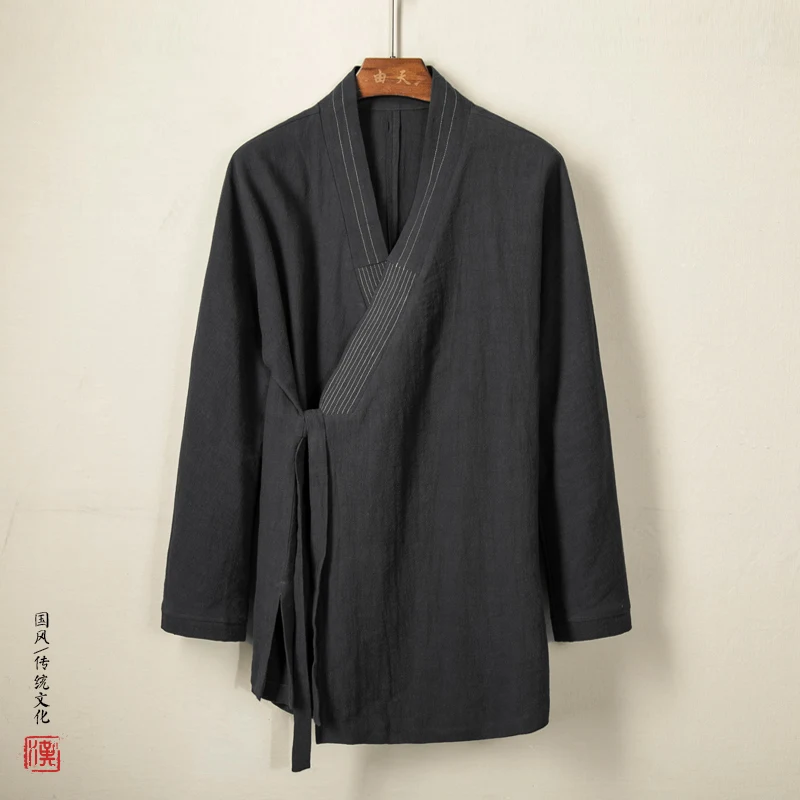 2023 Men\'s Chinese Style Linen Cardigan Jacket Loose Black Kimono Jacket Solid Color Self-Tie Hanfu Traditional Clothing 4Xl