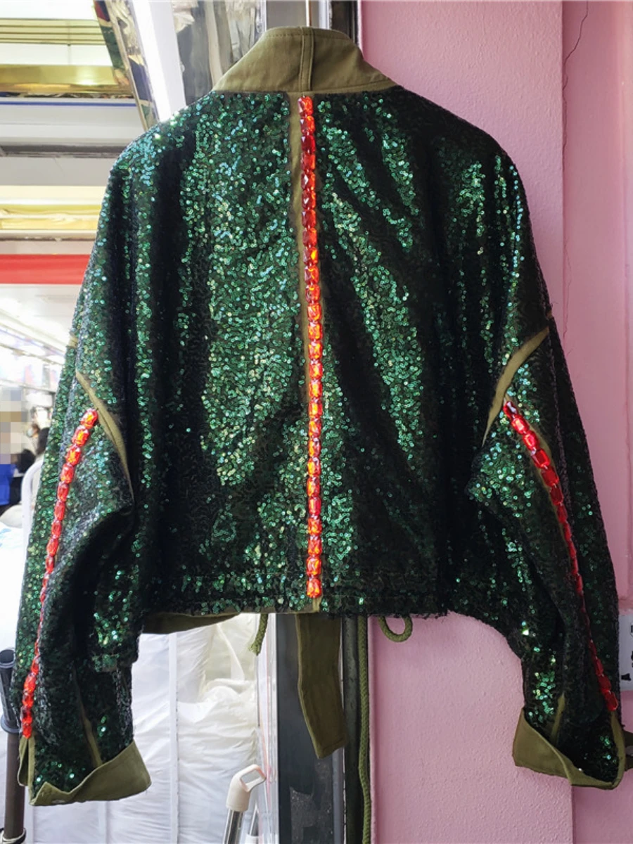 Heavy Industry Green Sequins Overalls Jacket Female 2023 Spring Autumn New Women Clothes High-Grade Big Pocket Cropped Coat Tide