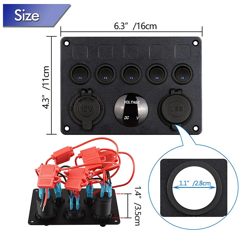 

Dual USB Socket Charger LED Voltmeter 12V Power Outlet 5 Gang ON-OFF Toggle Switch Panel for Car Boat Marine RV Truck C jasmine