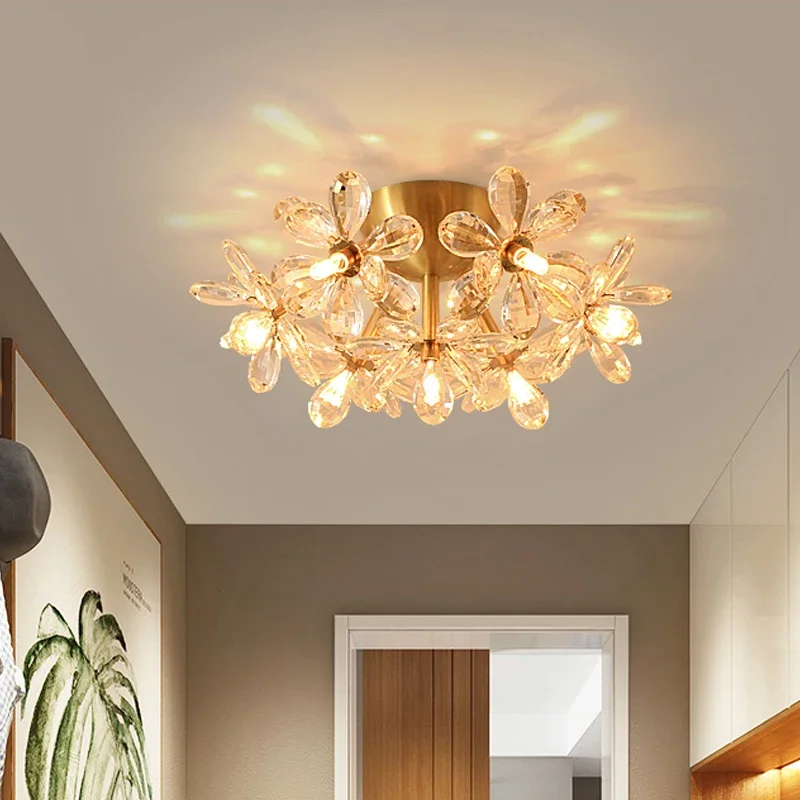 ceiling light full brass flower crystal ceiling lamp modern entrance hall balcony room decorative lighting fixtures home decor