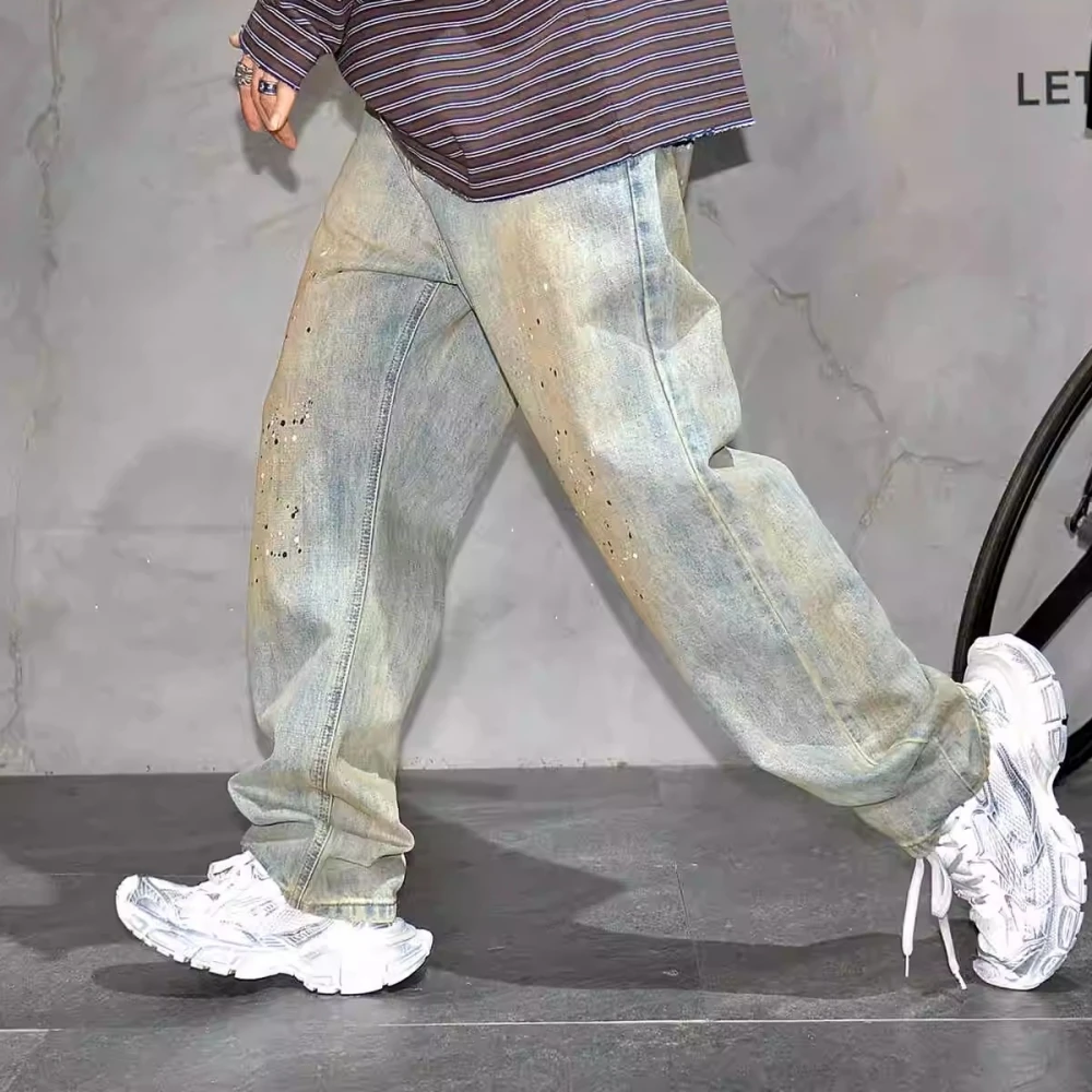 Amerikaanse vintage noodlijdende verf dot jeans met rechte pijpen herenkleding streetwear baggy denim broek harajuku casual broek