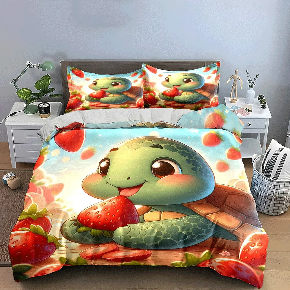 Adorable Turtle Enjoying Strawberries Set Exquisite three-piece bedding set gift for kids and adults