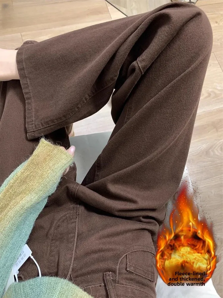 

Женские широкие джинсы больших размеров с флисовой подкладкой, коричневые, с высокой талией, свободного кроя, прямые, длиной в пол, с эффектом стройности и драпировки