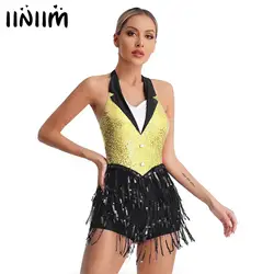 Womens Jazz Latin Dance Performance Costume Halter Backless Sparkly Sequins Fringe Unitards Jumpsuit Tassel Leotard Dancewear