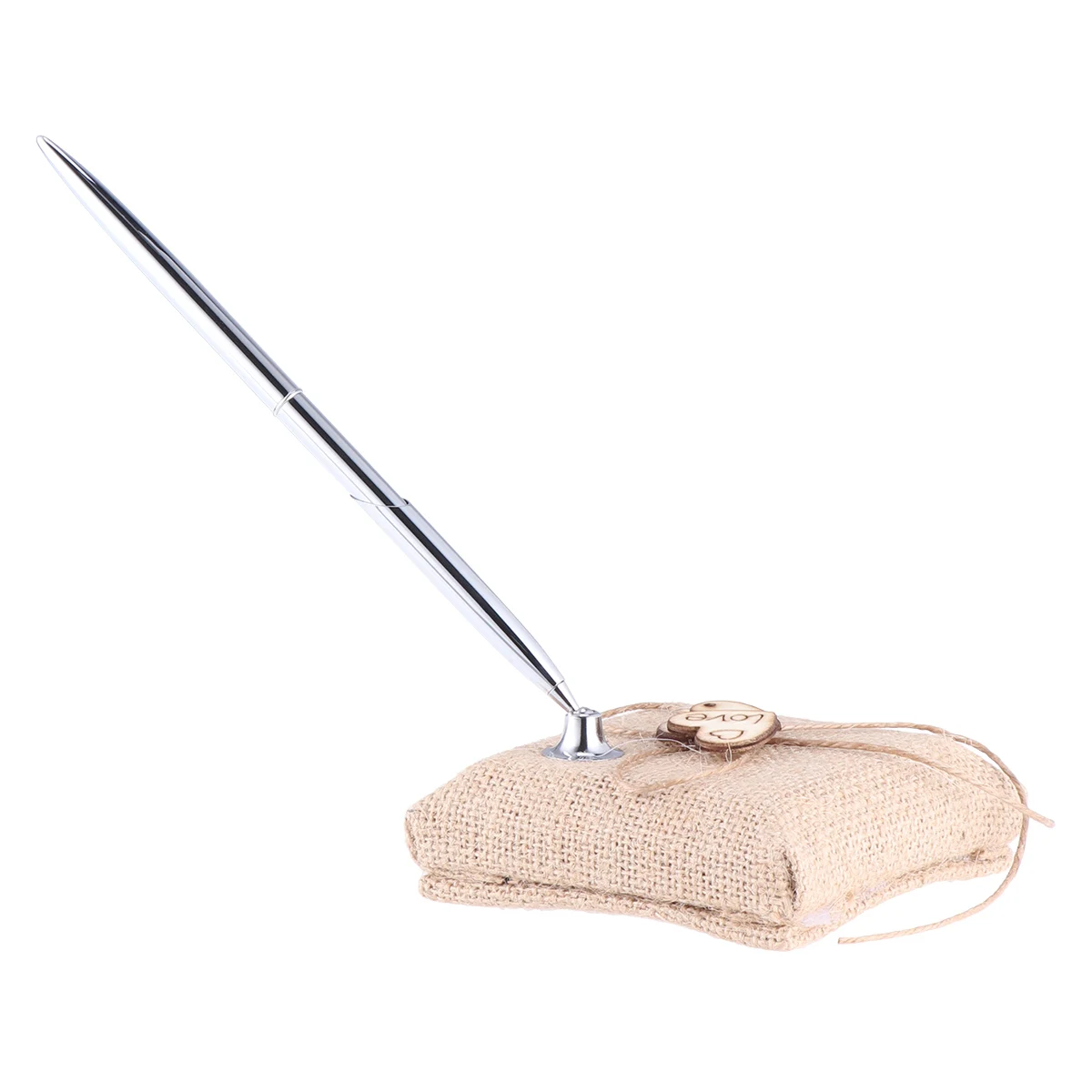 

Burlap Pen Stand 9x9x3cm Brown Silver Rotatable 360degrees Guest Book Wedding Bridal Engagement Special Days Signing