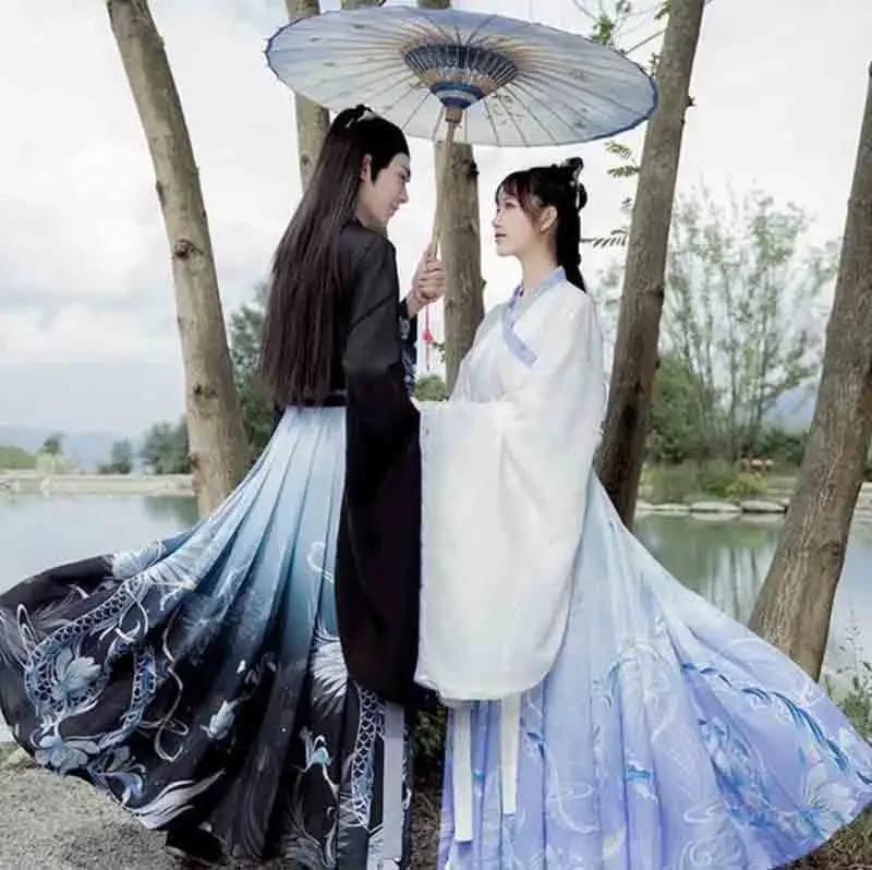 Plus Size 2XL Hanfu Couples Chinese Traditional Embroidery Clothes Adult Halloween Cos Costume Black Blue Hanfu for Men/Women