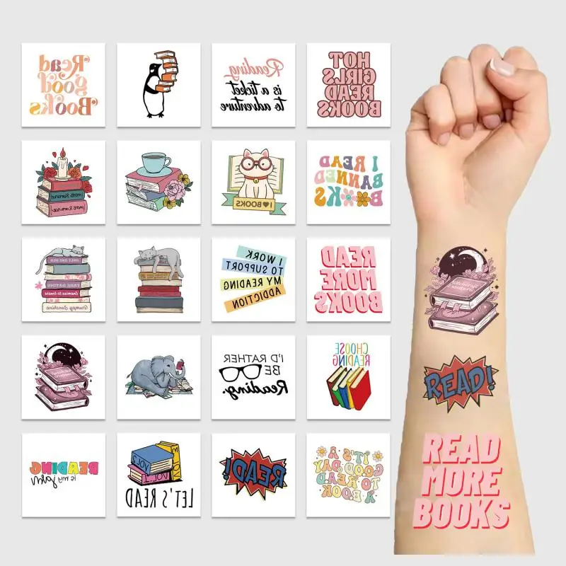 20Pcs/set Read More Books Tattoo Stickers Cartoon Book Tattoo For Kids Birthday Gift Fake Children Body Art Tattoos Toys