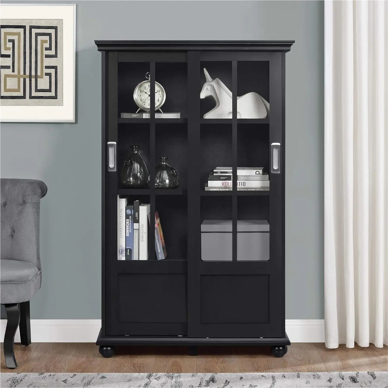 Ameriwood Home Aaron Lane 4 tier Bookcase with Sliding Glass Doors, Black