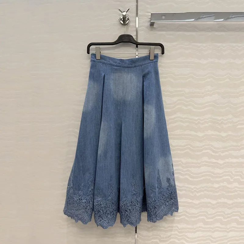 Women's Lace-Panel Denim Skirt, High-Waisted Casual A-Line Skirt, High-Quality Mid-Length Work Skirt, 2026, New Arrival, Y2K