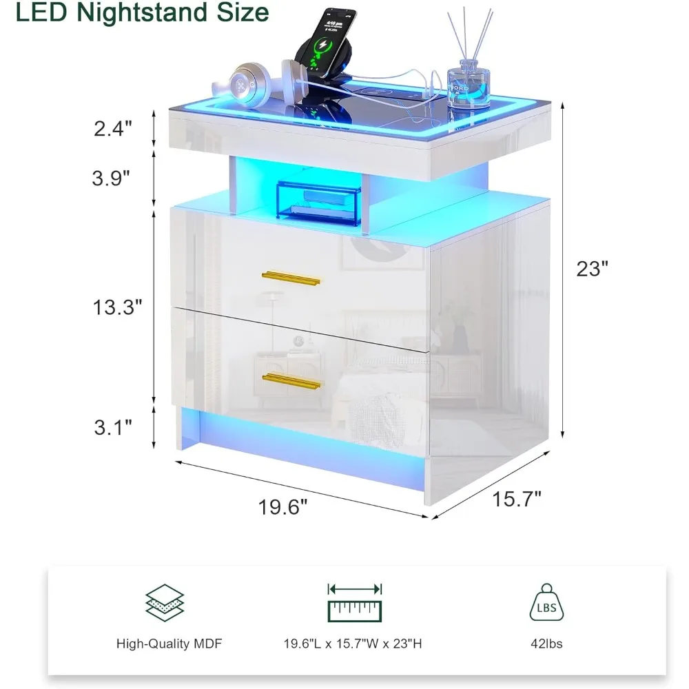 LED Nightstand with Charging Station (USB,Type-C Ports) High Gloss Bedside Table with 2 Drawers, Smart Night Stand with Lights