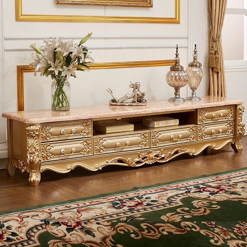 

Customized European style champagne gold marble TV cabinet, high-end living room, full set of furniture, full set of solid