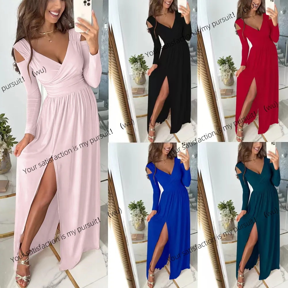 

Autumn and winter long-sleeved V-neck hem solid color split dress