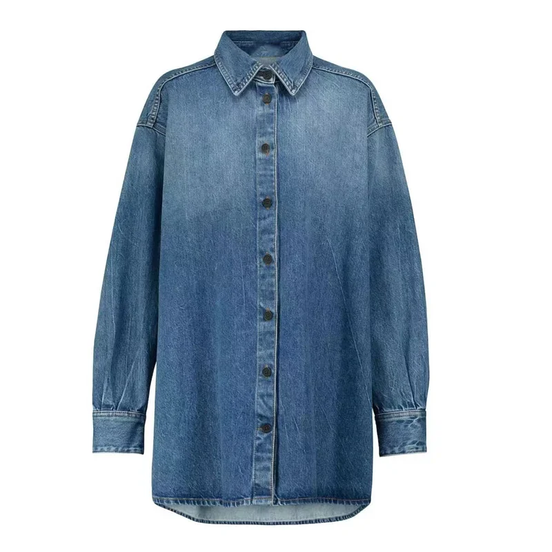 2023 Early Spring European and American Retro All-match Button Mid-length Lapel Long-sleeved Denim Shirt