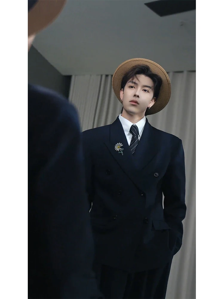 

Bla Briti Sle Двубортный повседневный костюм Мужской костюм с подкладкой на плечах Faionable Jaet Stand Fit Long Sve Осенняя одежда