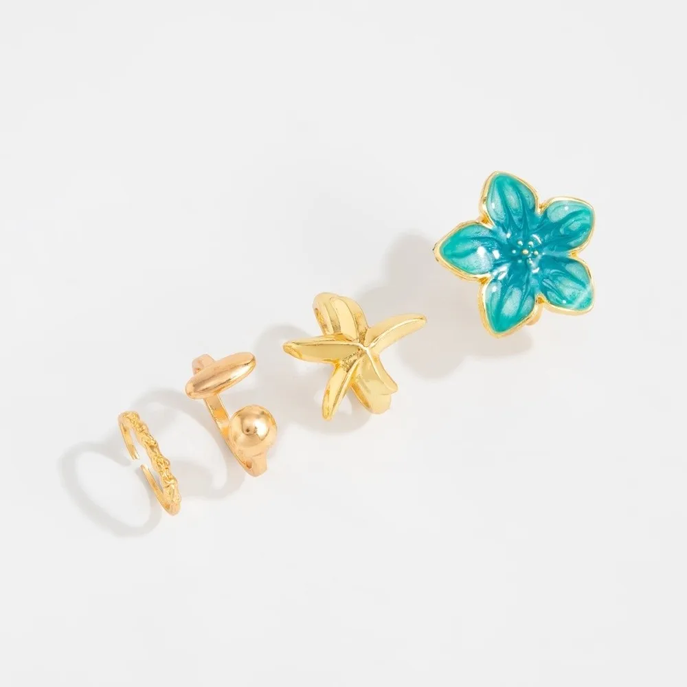 Blue Enamel Toe Ring Jewelry Bright Tone Open Frame Metal Foot Ring Flower Shape Wrinkle Detail Enamel Toe Ring Summer Gathering