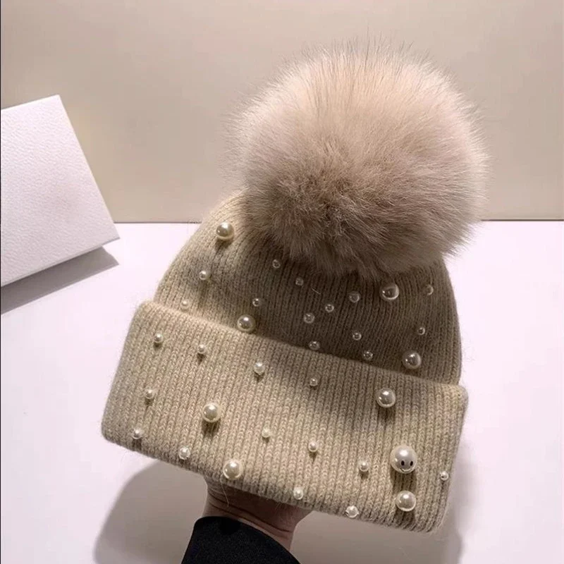 Hat Women Winter Pompom Knit Beanie Warm Autumn Real Fox Fur Pearls Skiing Accessory For Outdoors Luxury