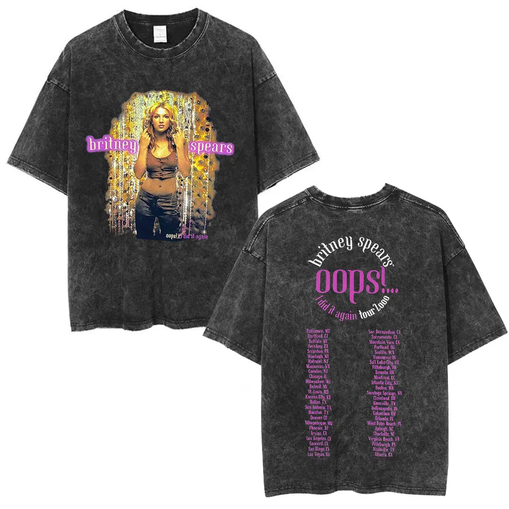 Britney Spears Oops! I Did It Again Tour 2000 Merch Vintage Washed T Shirts Men's Women Cotton Short Sleeve Oversized T-shirts