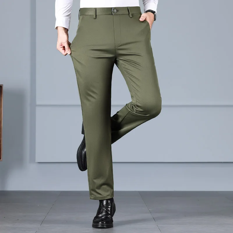 Polyester Fabric Casual Suit Pants Men's High Waist Loose Straight All-Matching Anti-Wrinkle Stretch Office Business Trousers