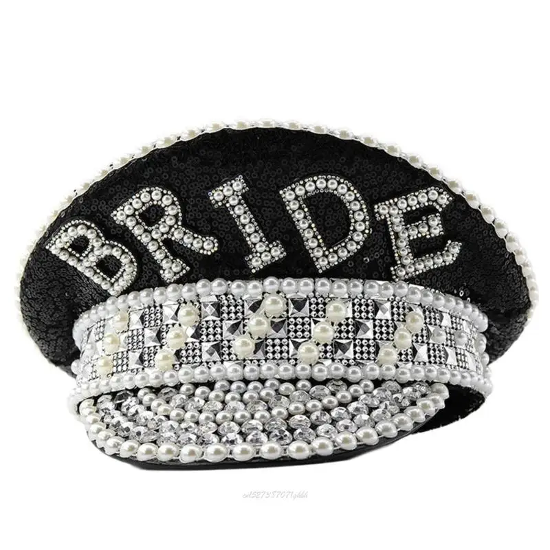 X5XA Gleaming Bride Hat Sparkly Captain Hat Pearls Rhinestones Sailor Cosplay Party